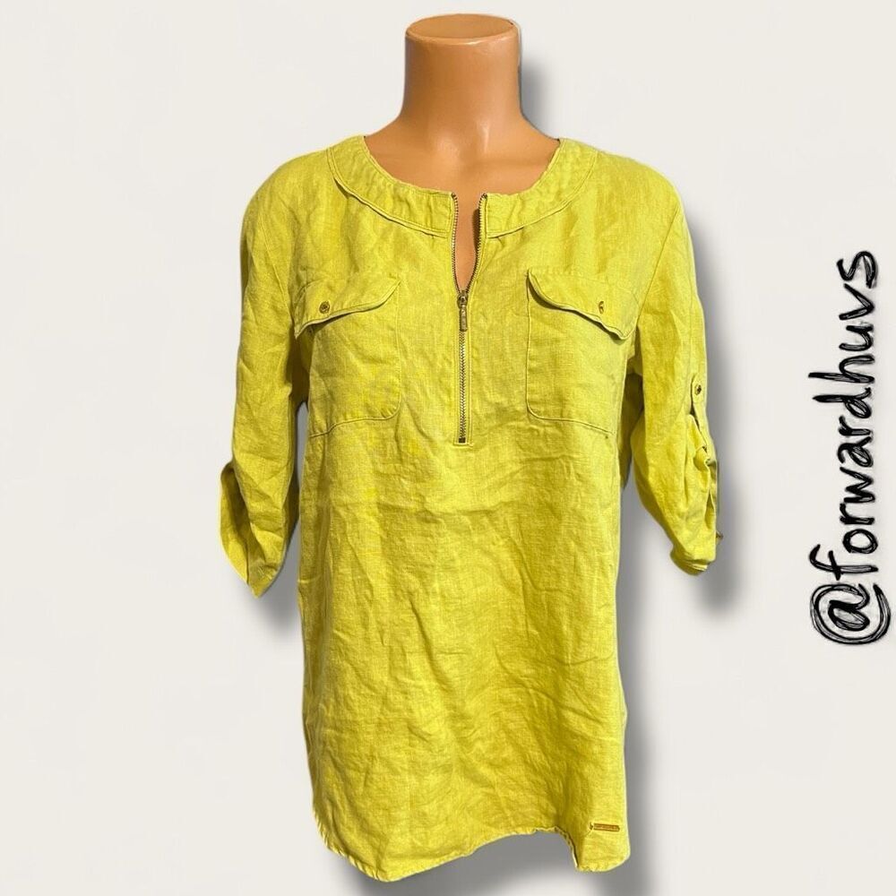 Ellen Tracy 100% Linen Shirt – Zip Front, Roll-Tab Sleeves Size Small